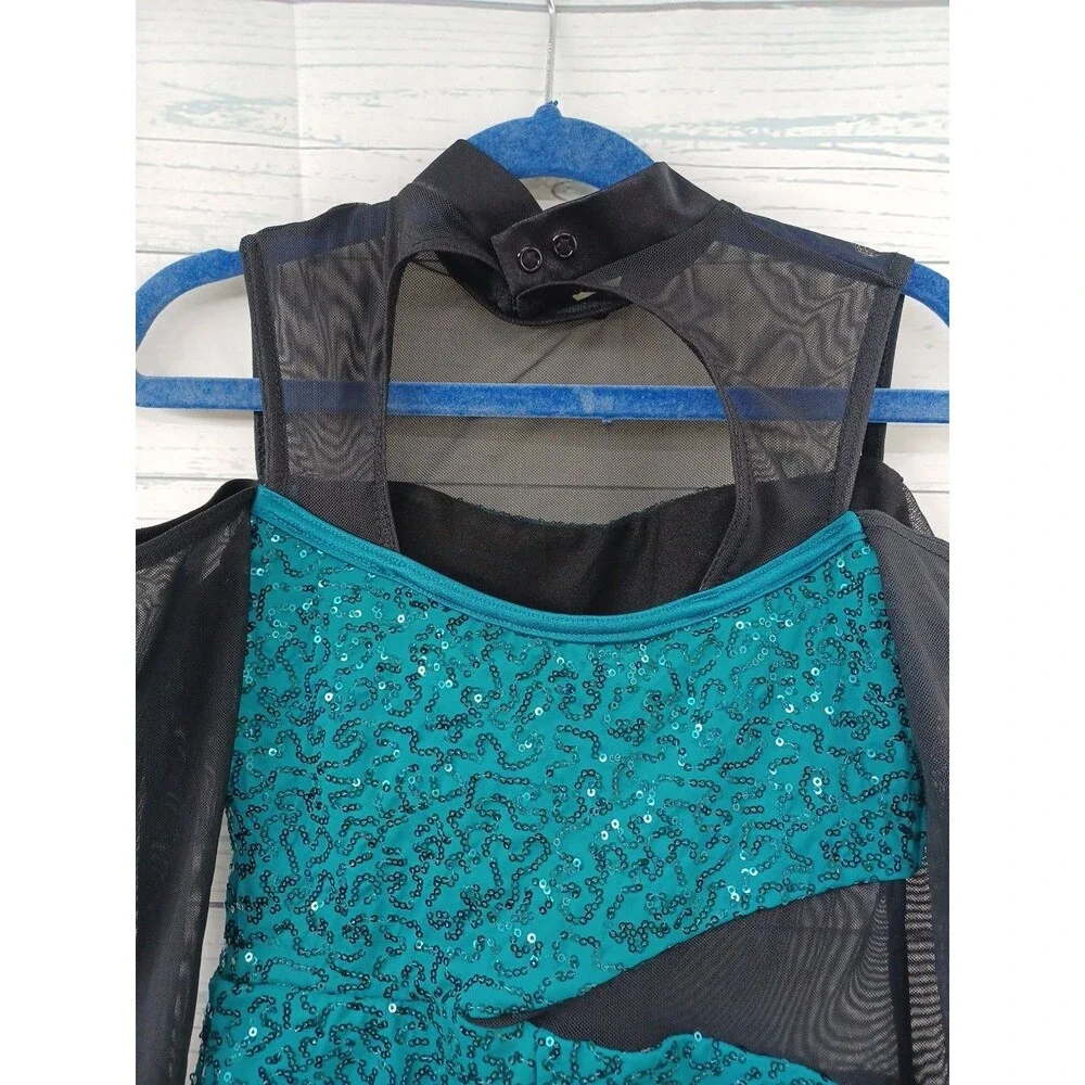 WEISSMAN Gamelan Dance Unitard Sheer One Leg Green Sequined Girl M Sz MC RN64830